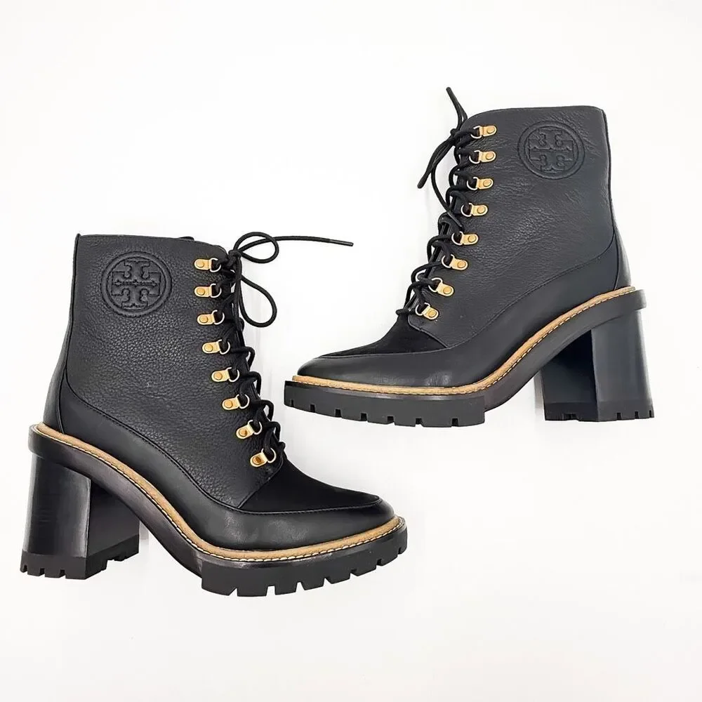 Tory Burch Miller Leather Lace Up Boots Lug Sole Black Leather Size 10